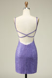 Sheath Spaghetti Straps Purple Sequins Short Prom Dress