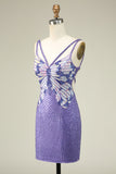 Sheath Spaghetti Straps Purple Sequins Short Prom Dress