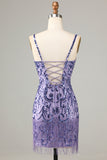 Sparkly Purple Sequins Spaghetti Straps Short Prom Dress with Fringes