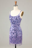 Sparkly Purple Sequins Spaghetti Straps Short Prom Dress with Fringes