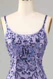 Sparkly Purple Sequins Spaghetti Straps Short Prom Dress with Fringes