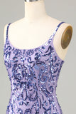 Sparkly Purple Sequins Spaghetti Straps Short Prom Dress with Fringes