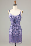 Sparkly Purple Sequins Spaghetti Straps Short Prom Dress with Fringes