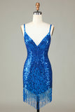 Sparkly Bodycon Spaghetti Straps Blue Sequins Short Prom Dress with Tassel