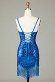 Sparkly Bodycon Spaghetti Straps Blue Sequins Short Prom Dress with Tassel