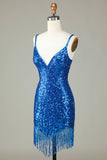 Sparkly Bodycon Spaghetti Straps Blue Sequins Short Prom Dress with Tassel