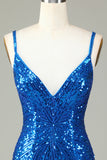 Sparkly Bodycon Spaghetti Straps Blue Sequins Short Prom Dress with Tassel