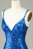 Sparkly Bodycon Spaghetti Straps Blue Sequins Short Prom Dress with Tassel