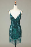 Sparkly Bodycon Spaghetti Straps Blue Sequins Short Prom Dress with Tassel