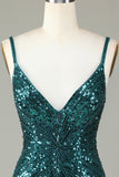 Sparkly Bodycon Spaghetti Straps Blue Sequins Short Prom Dress with Tassel