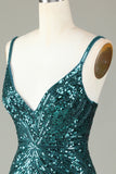 Sparkly Bodycon Spaghetti Straps Blue Sequins Short Prom Dress with Tassel