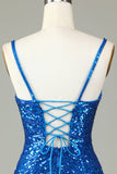 Sparkly Bodycon Spaghetti Straps Blue Lace-Up Back Short Prom Dress with Beading