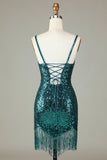 Sparkly Bodycon Spaghetti Straps Green Lace-Up Back Short Prom Dress with Beading