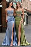 Corset Green Applique Mermaid Satin Side Cape Prom Dress with Slit