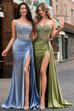 Corset Green Applique Mermaid Satin Side Cape Prom Dress with Slit