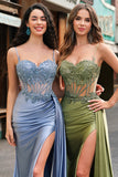 Corset Green Applique Mermaid Satin Side Cape Prom Dress with Slit