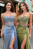 Corset Green Applique Mermaid Satin Side Cape Prom Dress with Slit