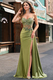 Corset Green Applique Mermaid Satin Side Cape Prom Dress with Slit