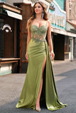 Corset Green Applique Mermaid Satin Side Cape Prom Dress with Slit