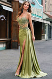 Corset Green Applique Mermaid Satin Side Cape Prom Dress with Slit