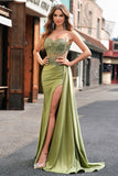 Corset Green Applique Mermaid Satin Side Cape Prom Dress with Slit