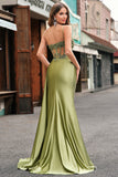 Corset Green Applique Mermaid Satin Side Cape Prom Dress with Slit