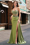 Corset Green Applique Mermaid Satin Side Cape Prom Dress with Slit