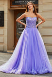 Stunning Lilac A Line Strapless Long Prom Dress With Appliques