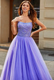 Stunning Lilac A Line Strapless Long Prom Dress With Appliques