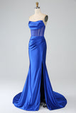 Royal Blue Mermaid Strapless Pleated Corset Long Prom Dress with Slit