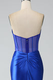 Royal Blue Mermaid Strapless Pleated Corset Long Prom Dress with Slit