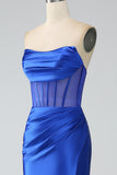 Royal Blue Mermaid Strapless Pleated Corset Long Prom Dress with Slit