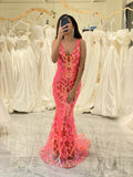 Orange Charming Mermaid Deep V Neck Sparkly Sequin Prom Dress with Embroidery