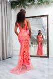 Orange Charming Mermaid Deep V Neck Sparkly Sequin Prom Dress with Embroidery