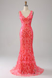 Sparkly Coral Sequins Mermaid V Neck Long Prom Dress With Embroidery