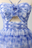 Blue Printed A Line Tiered Hollow-out Long Prom Dress