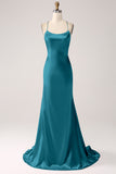 Eucalyptus Mermaid Satin Prom Dress with Criss Cross Back