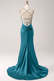 Eucalyptus Mermaid Satin Prom Dress with Criss Cross Back