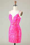 Trend Hot Pink Lace Up Tight Glitter Prom Dress