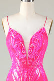 Trend Hot Pink Lace Up Tight Glitter Prom Dress