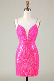 Trend Hot Pink Lace Up Tight Glitter Prom Dress