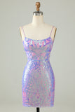 Sparkly Purple Sequin Backless Tight Short Prom Dress