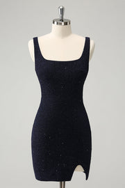 Sparkly Dark Blue Square Neck Bodycon Mini Prom Dress With Slit