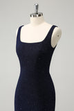 Sparkly Dark Blue Square Neck Bodycon Mini Prom Dress With Slit