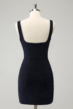 Sparkly Bodycon Square Neck Mini Dark Blue Prom Dress With Slit