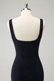 Sparkly Dark Blue Square Neck Bodycon Mini Prom Dress With Slit