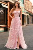 Blush A Line Spaghetti Straps Sequin Applique Corset Prom Dress With Slit