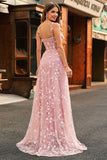 Blush A Line Spaghetti Straps Sequin Applique Corset Prom Dress With Slit