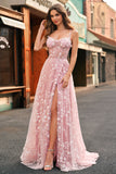 Blush A Line Spaghetti Straps Sequin Applique Corset Prom Dress With Slit