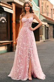 Blush A Line Spaghetti Straps Sequin Applique Corset Prom Dress With Slit